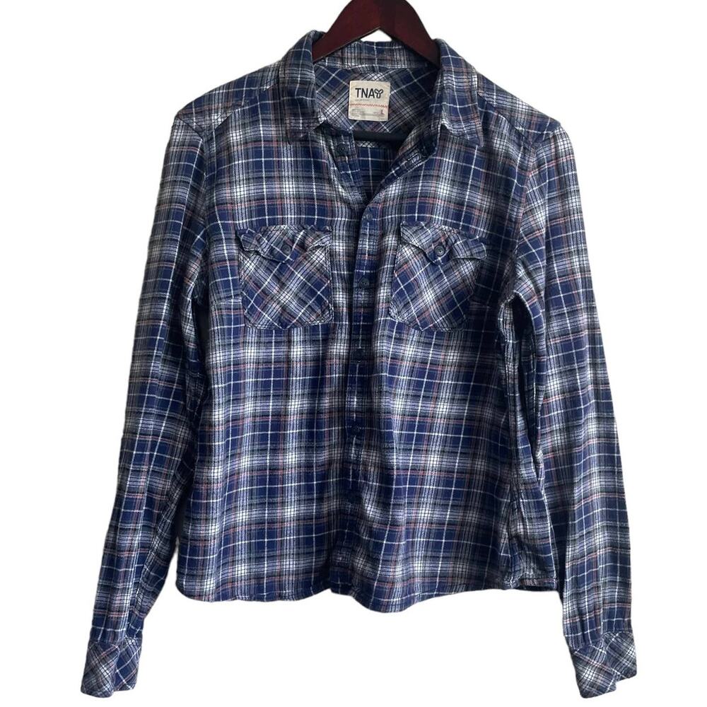 TNA Top Women Flannel L Blue Collared Long Sleeve Plaid Button Up Pockets Cotton